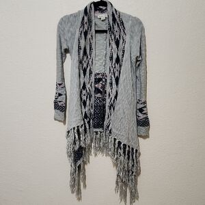 Double Zero Blue and Gray Cardigan with Waterfall Front and Fringe